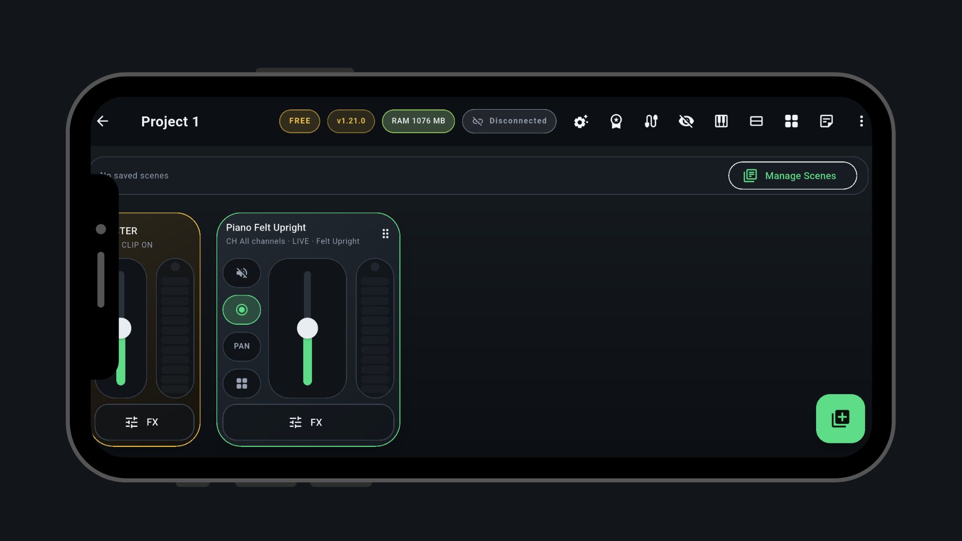 Mixer do MIDILIVE aberto com instrumento armado, fader e medidor de nível