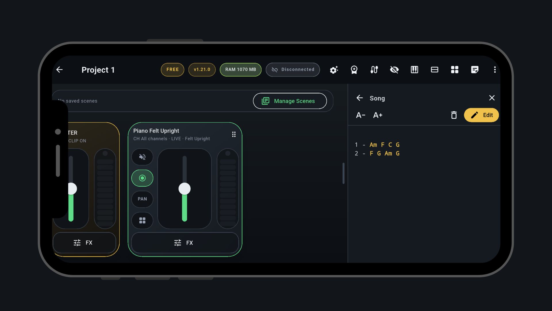 Painel lateral com a cifra da música aberto sobre o mixer do MIDILIVE