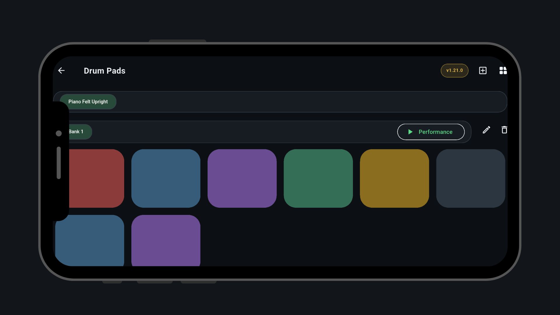 Tela de Drum Pads do MIDILIVE com bancos coloridos