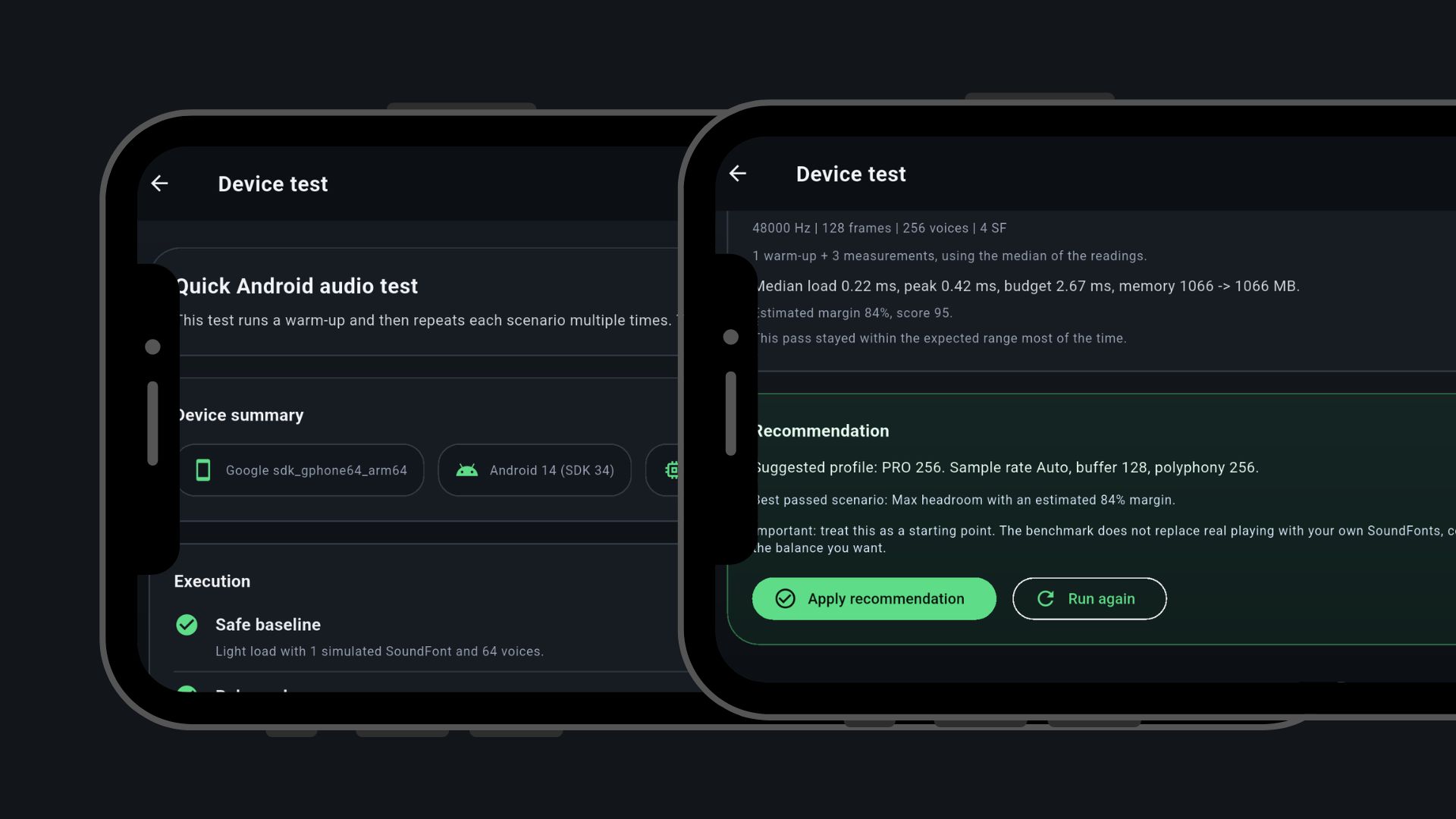 Tela de teste do dispositivo do MIDILIVE com resultado do benchmark e recomendação de perfil