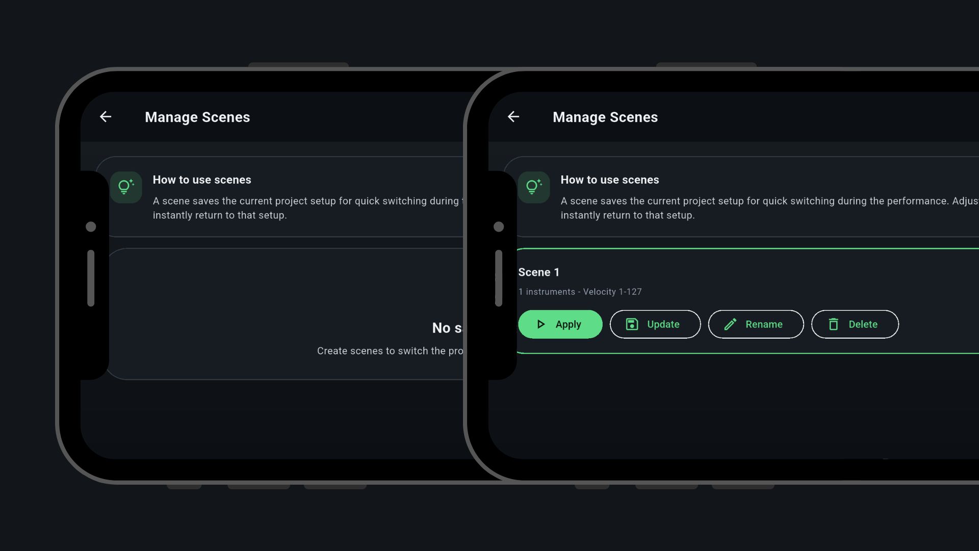 Tela de gerenciamento de cenas do MIDILIVE com opções aplicar, atualizar, renomear e excluir