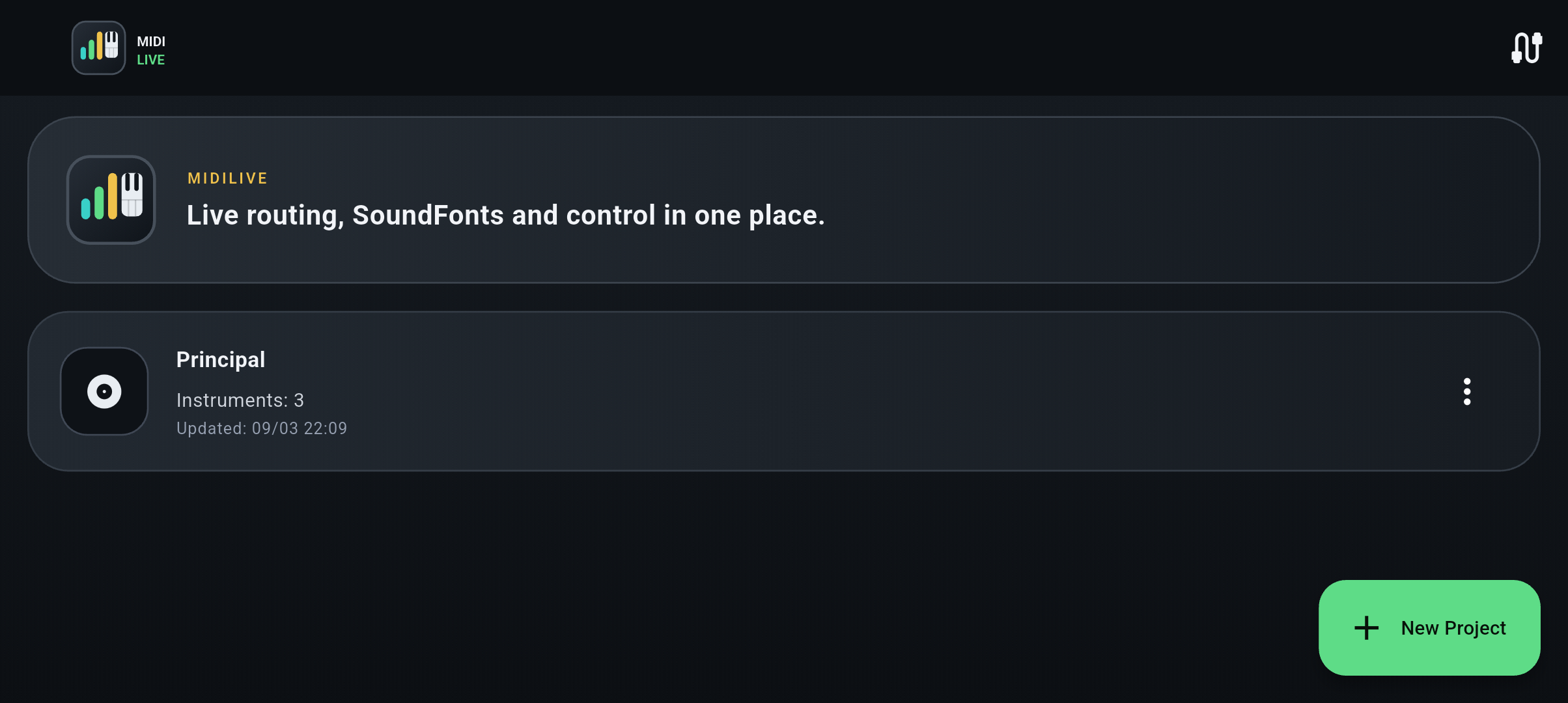 Tela inicial do MIDILIVE com lista de projetos